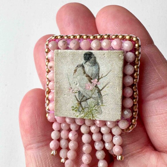 Handmade Pink Beaded Bird Brooch Vintage Style Statement Pin - Picture 9 of 13